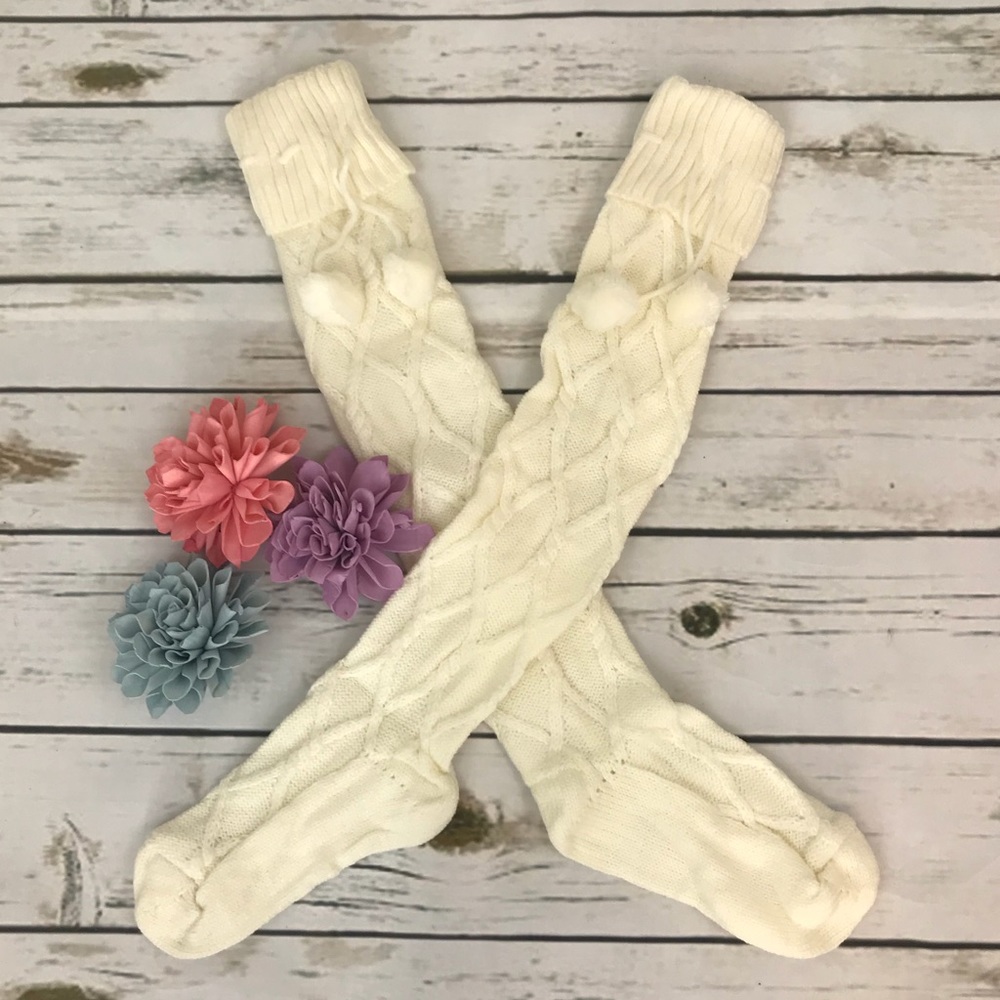 Sexy Over Knee White Cable Knit Socks w/ Pom Poms - Picture 2 of 4